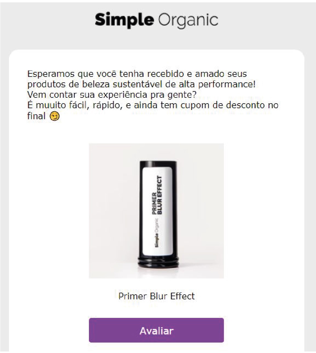 E-mail de avaliação  da Simple Organic