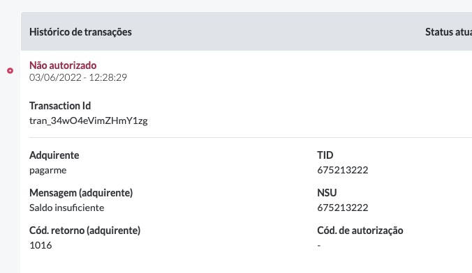 Detalhes sobre transação no Dashboard Pagar.me