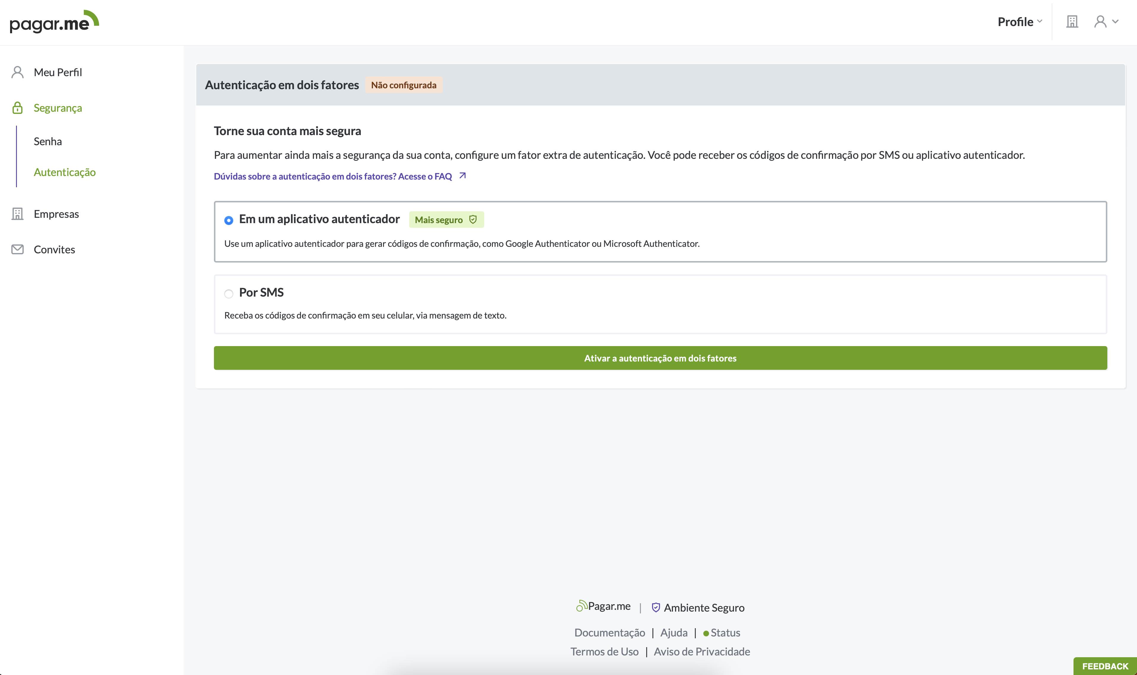 Ativação do 2FA no Dashboard do Pagar.me